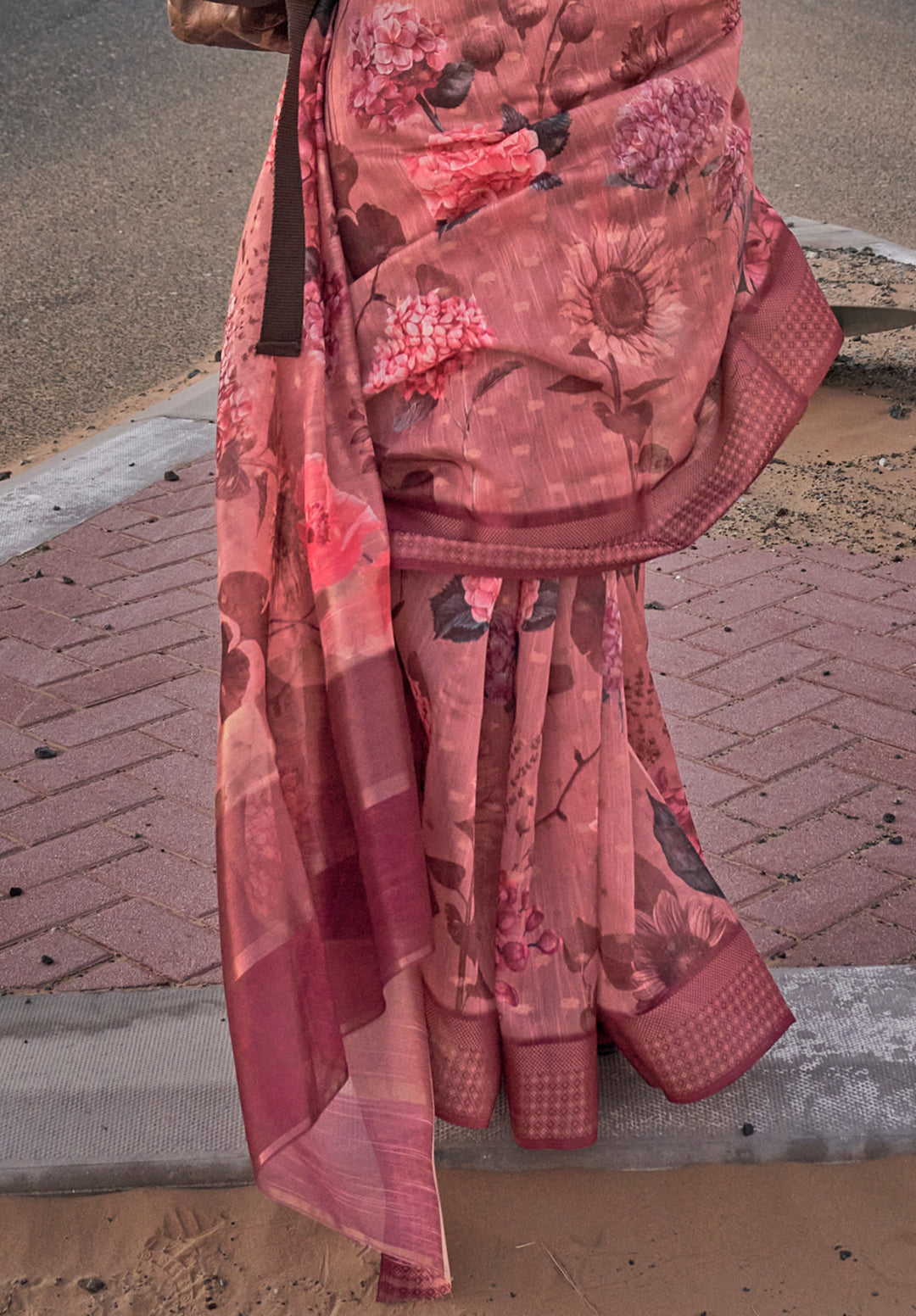 Brownish Pink Floral Printed Linen Saree with Zari Border and Blouse