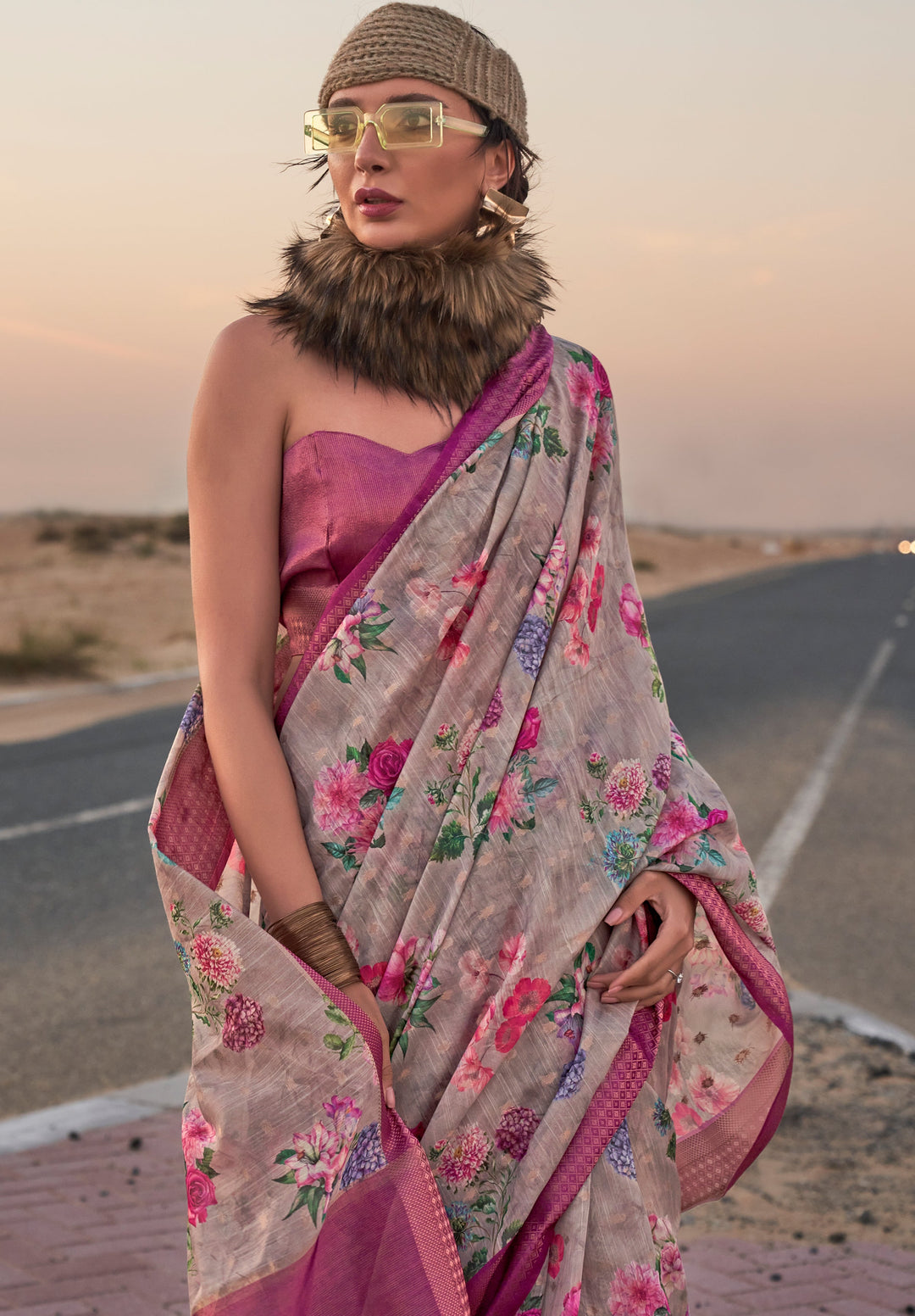 Light Grey Floral Printed Linen Saree with Zari Border and Blouse