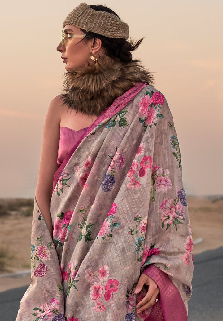 Light Grey Floral Printed Linen Saree with Zari Border and Blouse