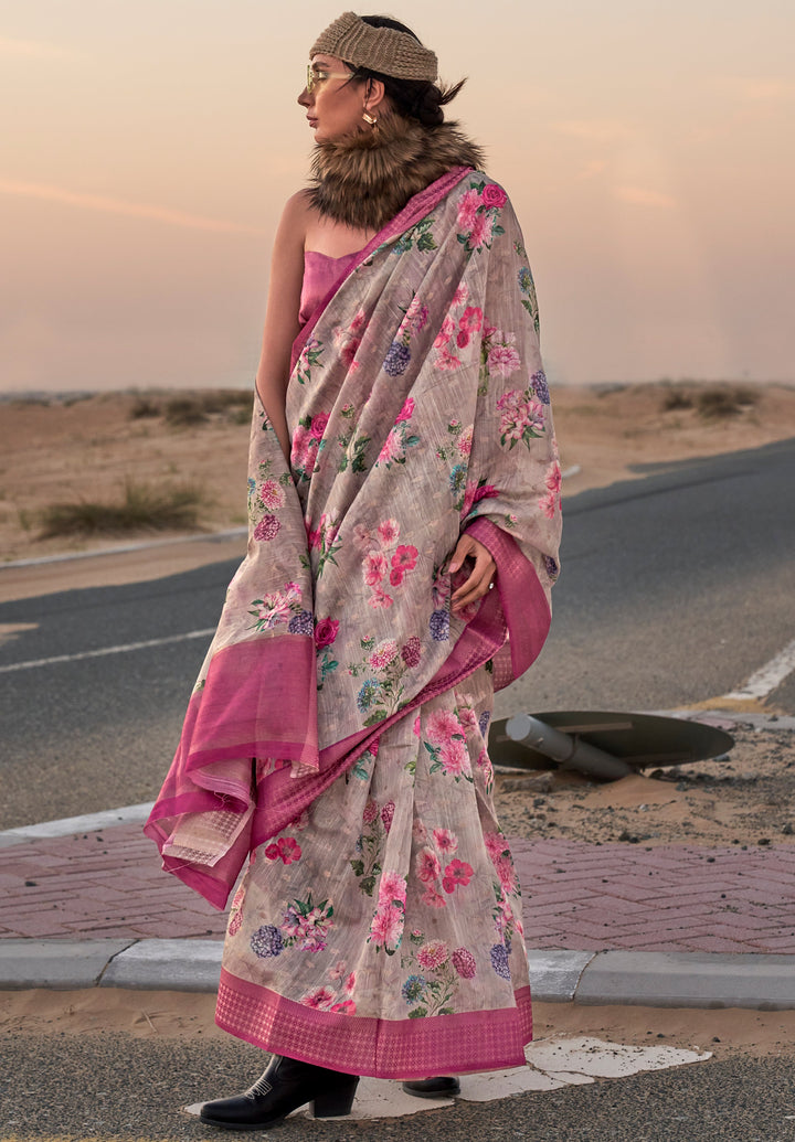 Light Grey Floral Printed Linen Saree with Zari Border and Blouse