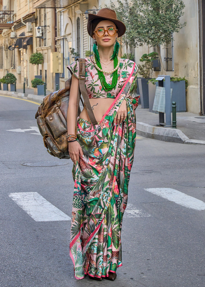 Green & Pink Printed Satin Georgette Saree