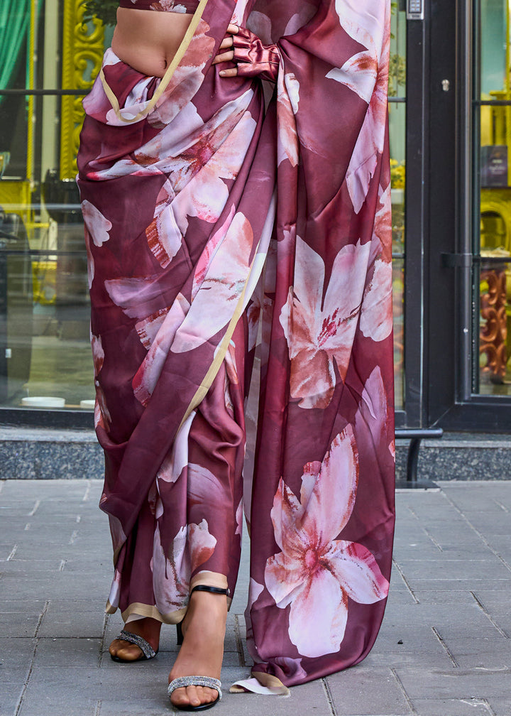 Dark Brown Printed Satin Georgette Saree