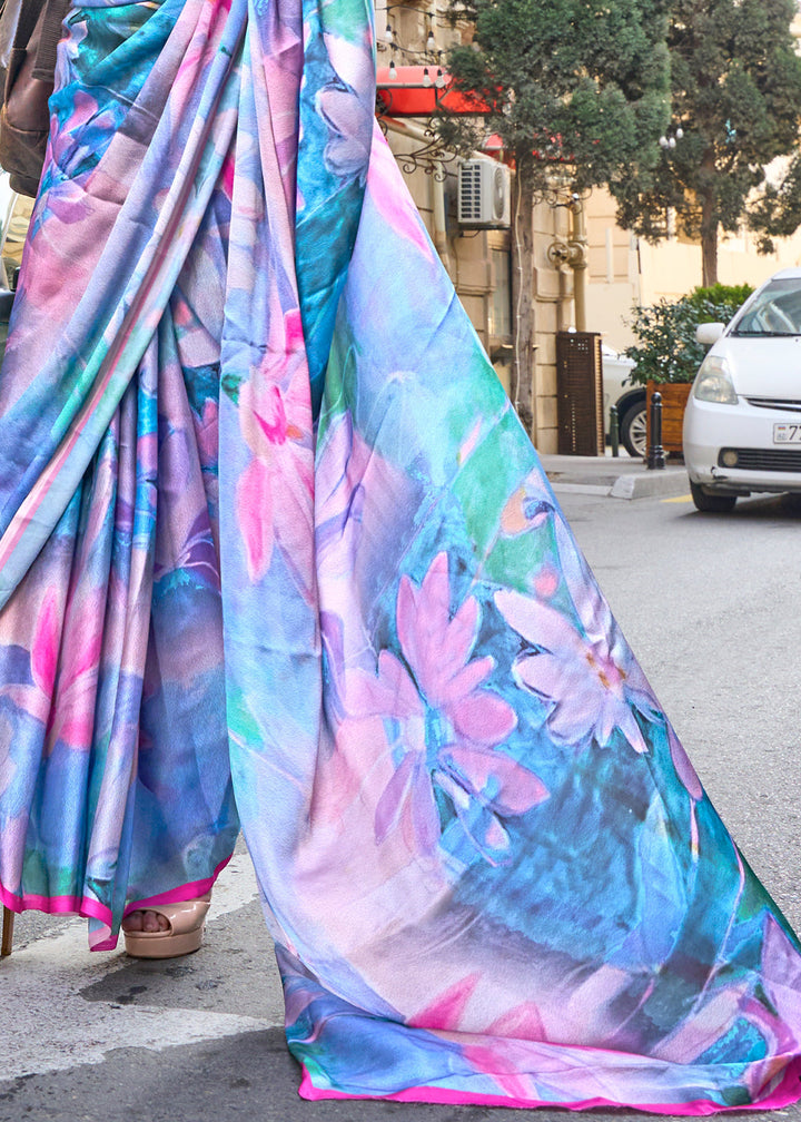 Blue & Pink Printed Satin Georgette Saree