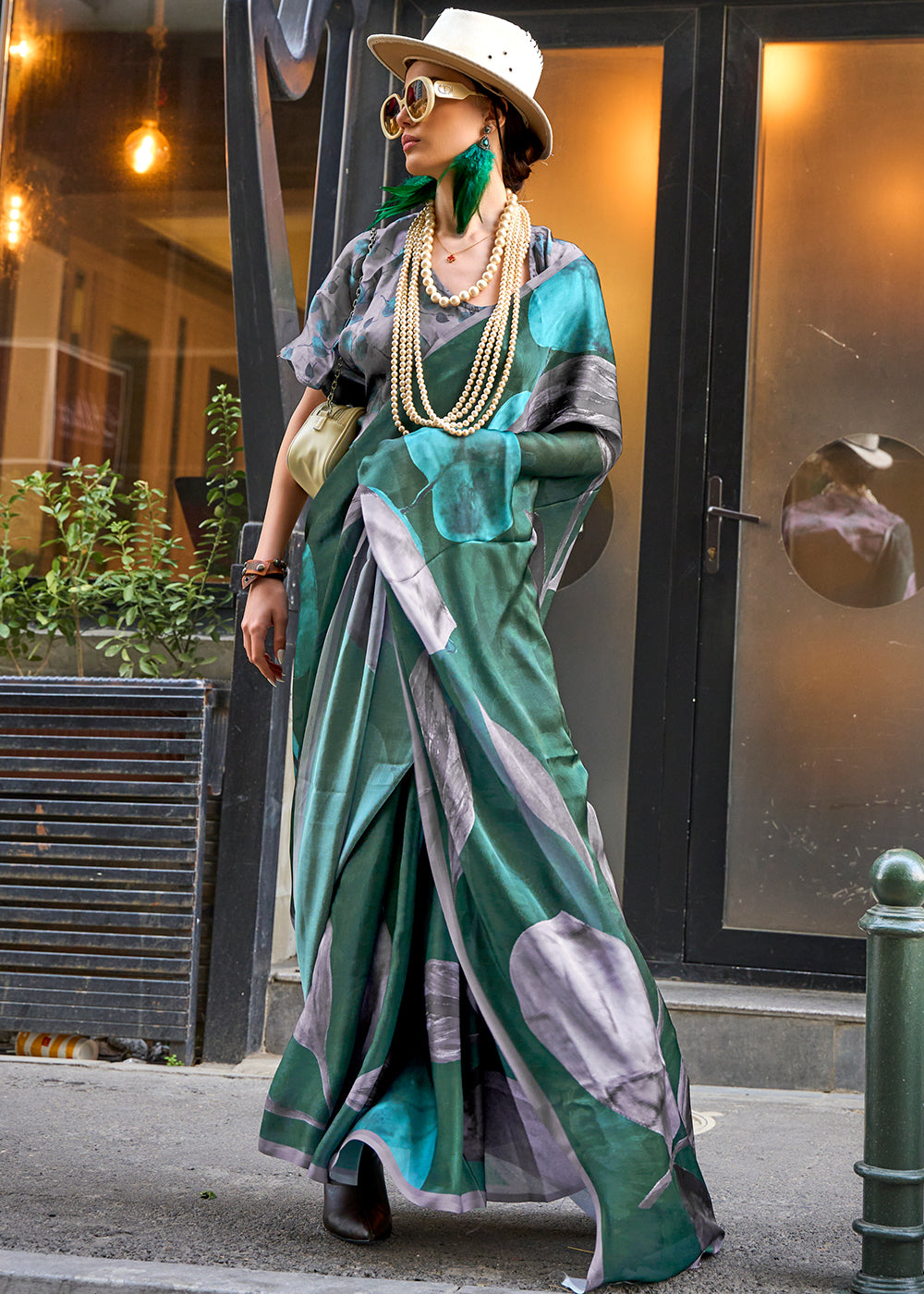 Viridian Green Printed Satin Georgette Saree