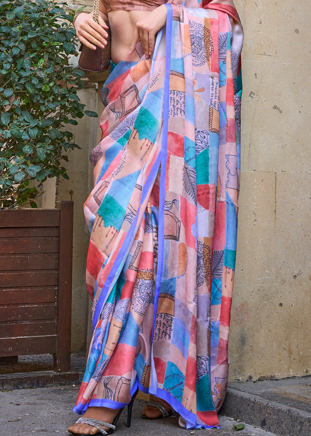 Pink & Blue Printed Satin Georgette Saree