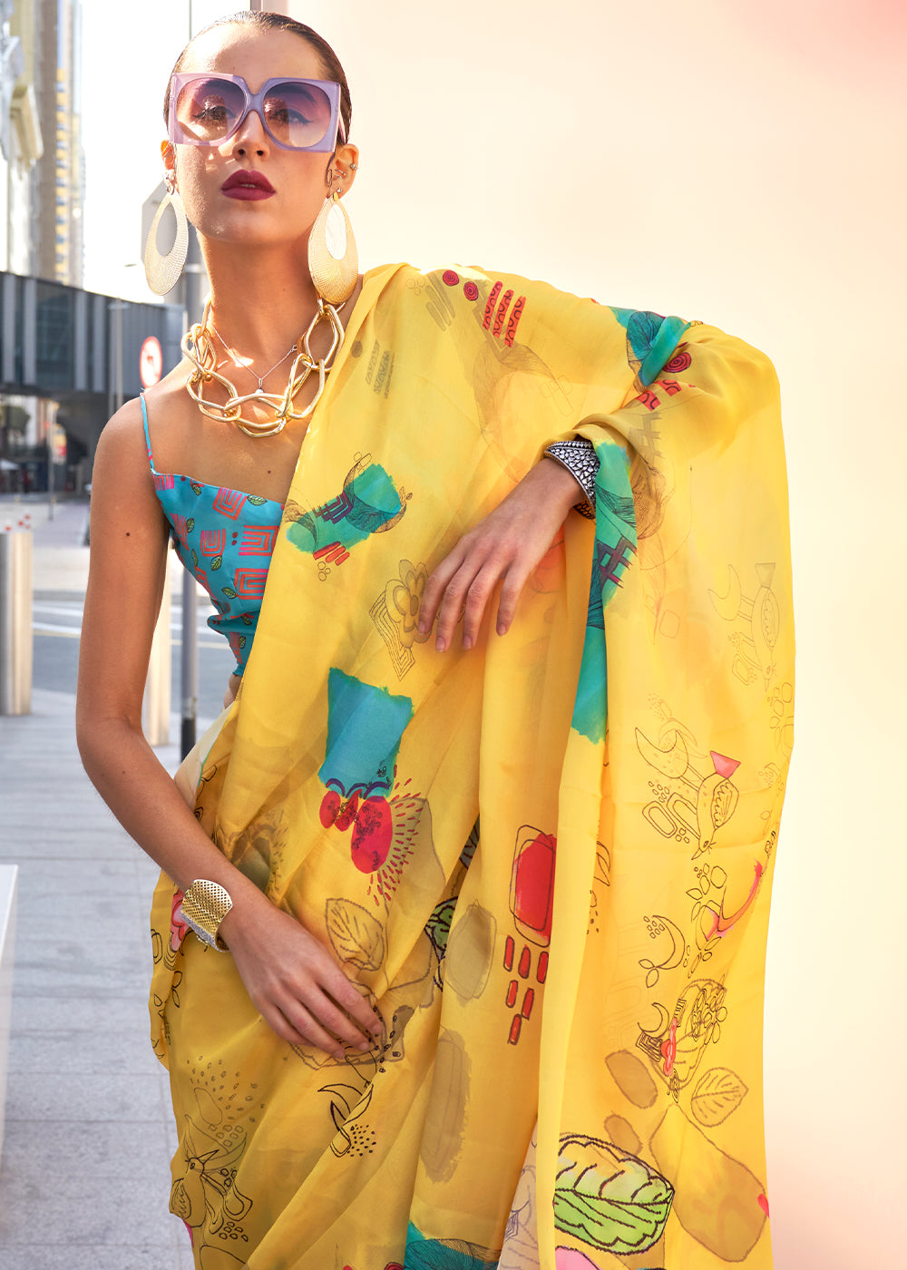 Lemon Yellow Printed Satin Georgette Saree