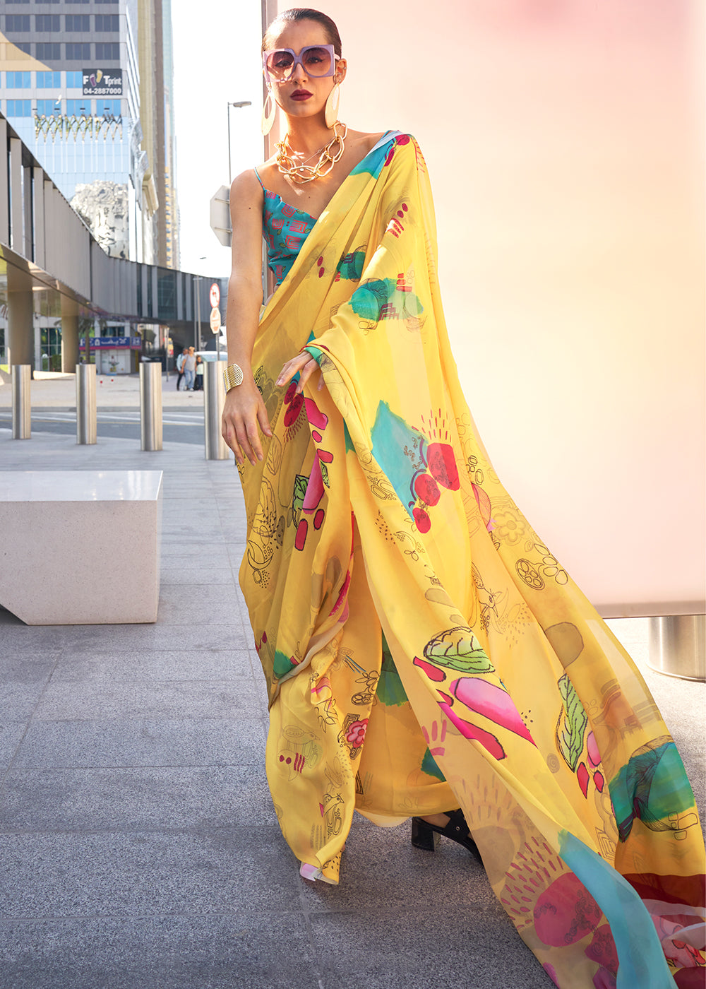 Lemon Yellow Printed Satin Georgette Saree