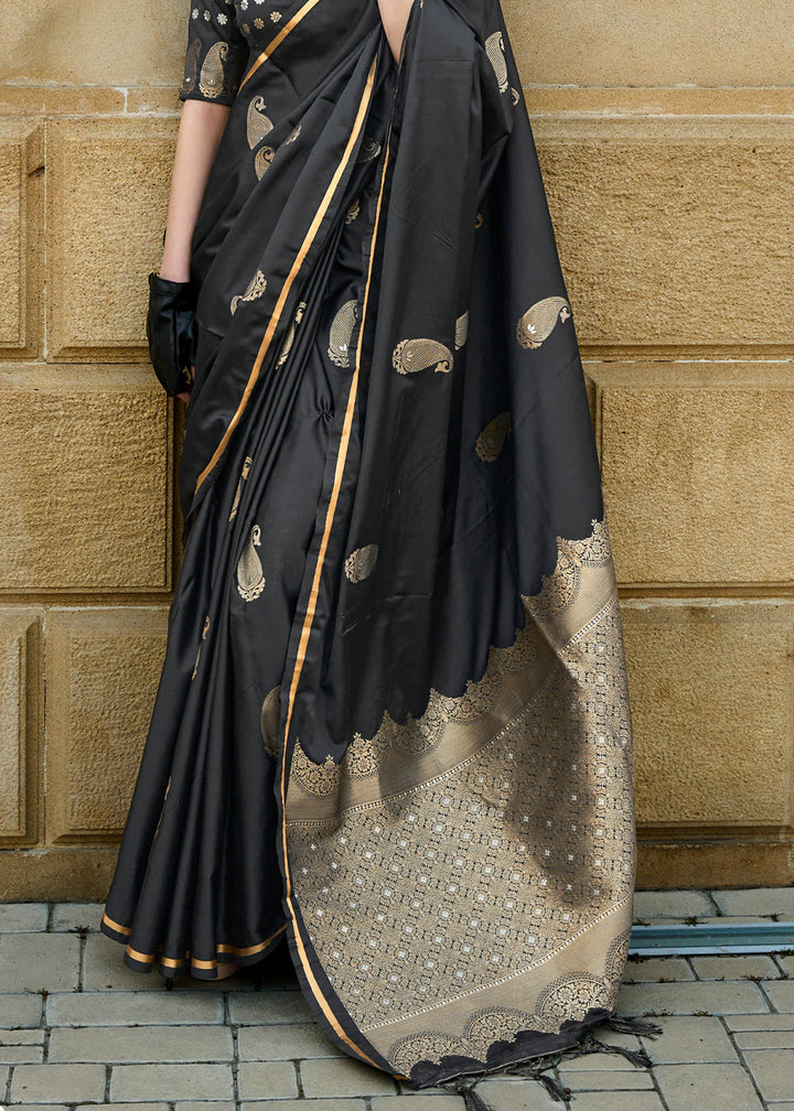 Midnight Black Zari Woven Satin Silk Saree