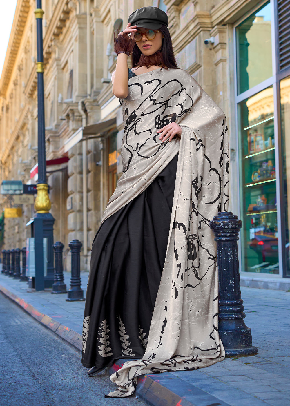 Abalone Grey & Black Contemporary Printed Satin Crepe Saree : Top Pick