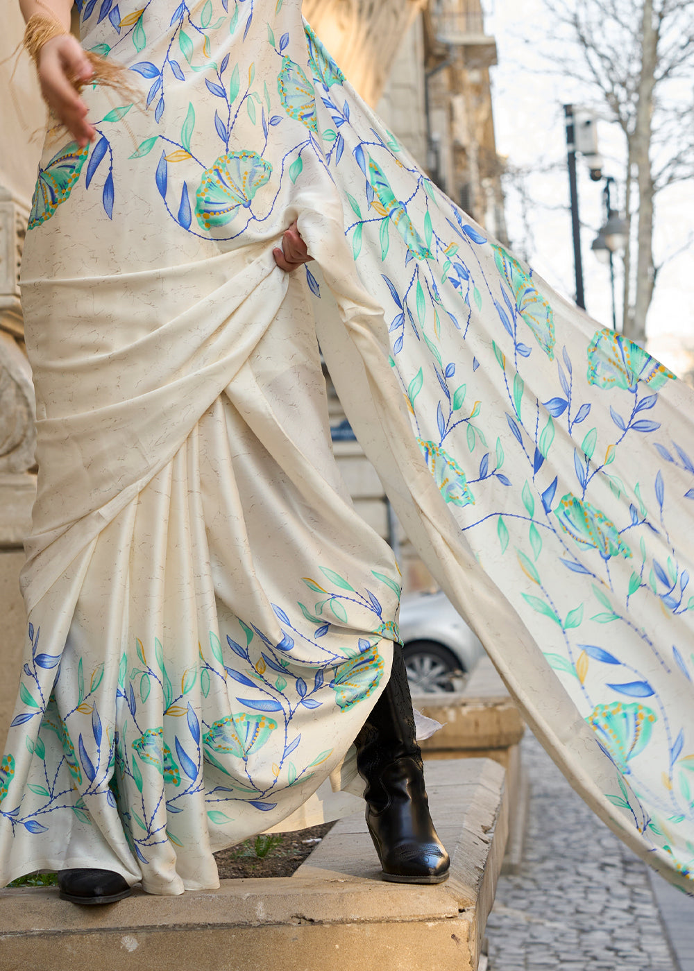 Pearl White Contemporary Printed Satin Crepe Saree