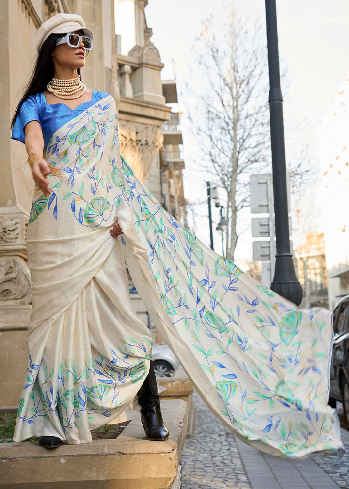 Pearl White Contemporary Printed Satin Crepe Saree