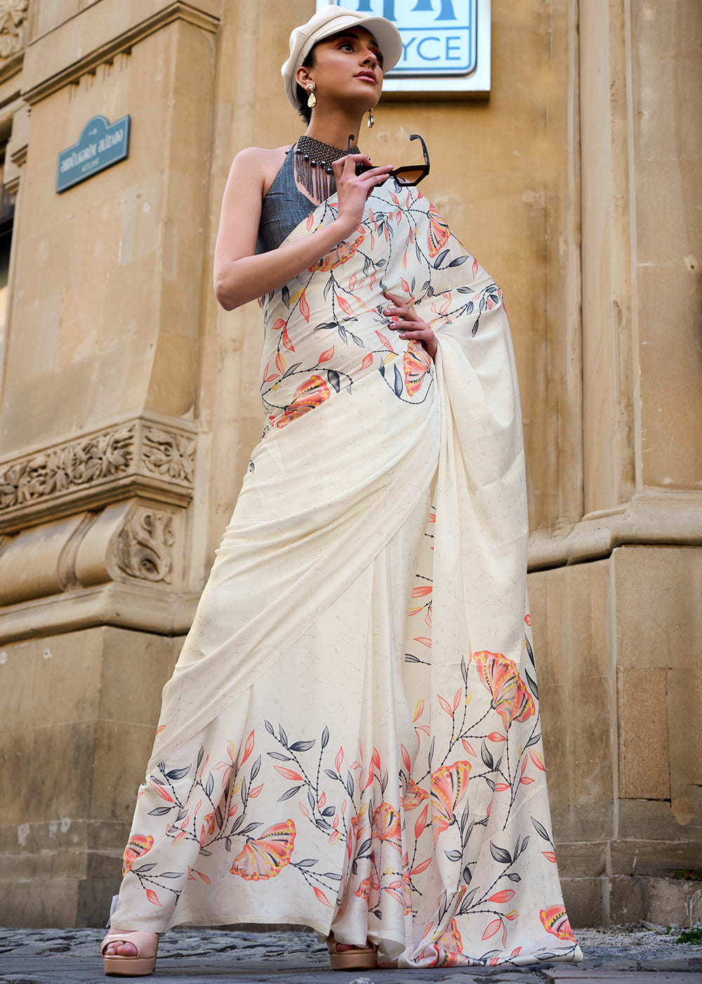 Porcelain White Contemporary Printed Satin Crepe Saree