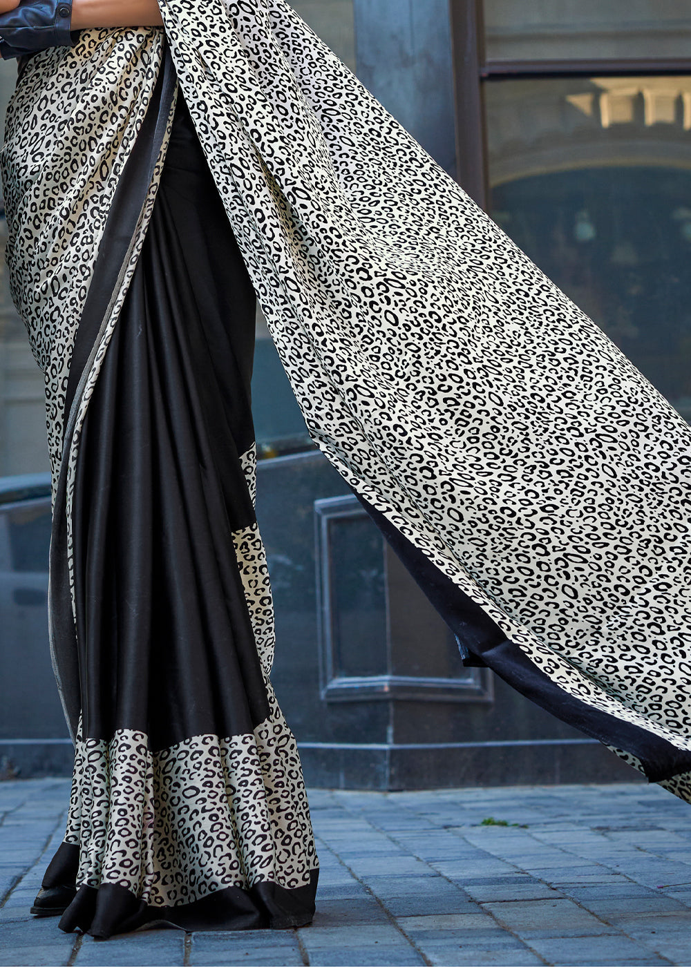 Black & White Contemporary Printed Satin Crepe Saree