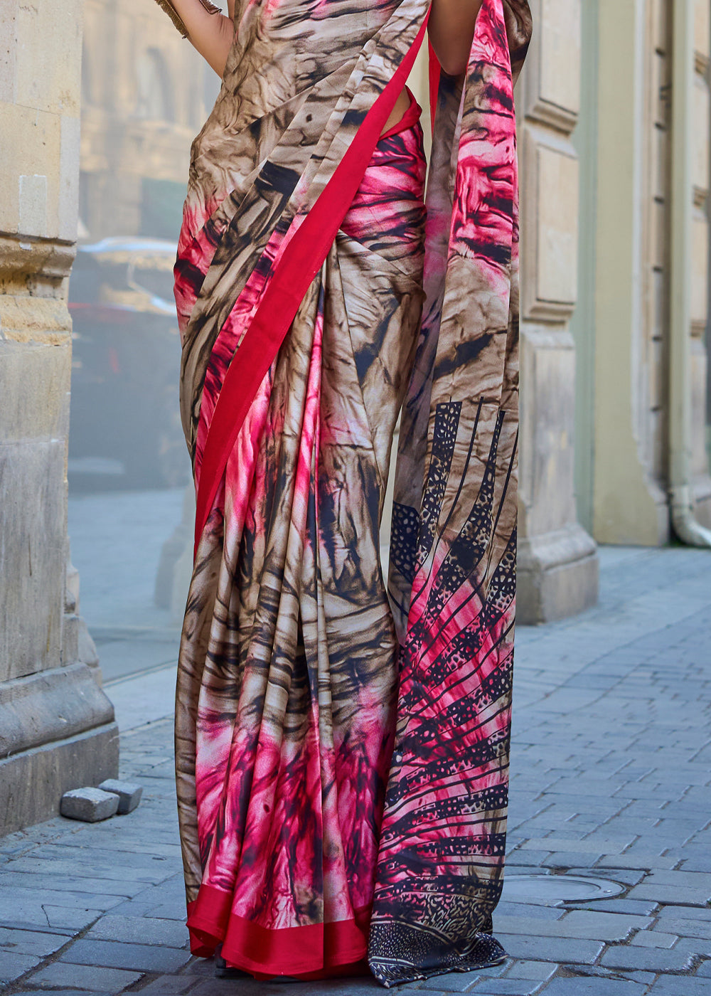 Pink & Brown Contemporary Printed Satin Crepe Saree