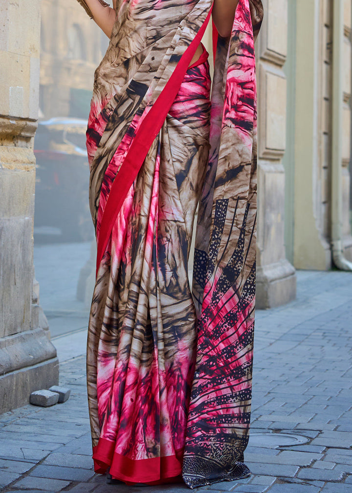 Pink & Brown Contemporary Printed Satin Crepe Saree