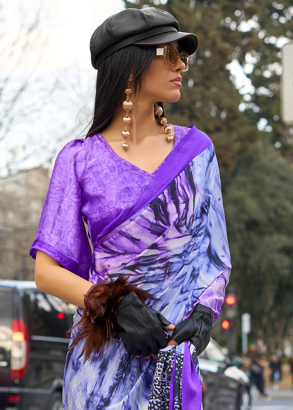 Shades Of Purple Contemporary Printed Satin Crepe Saree