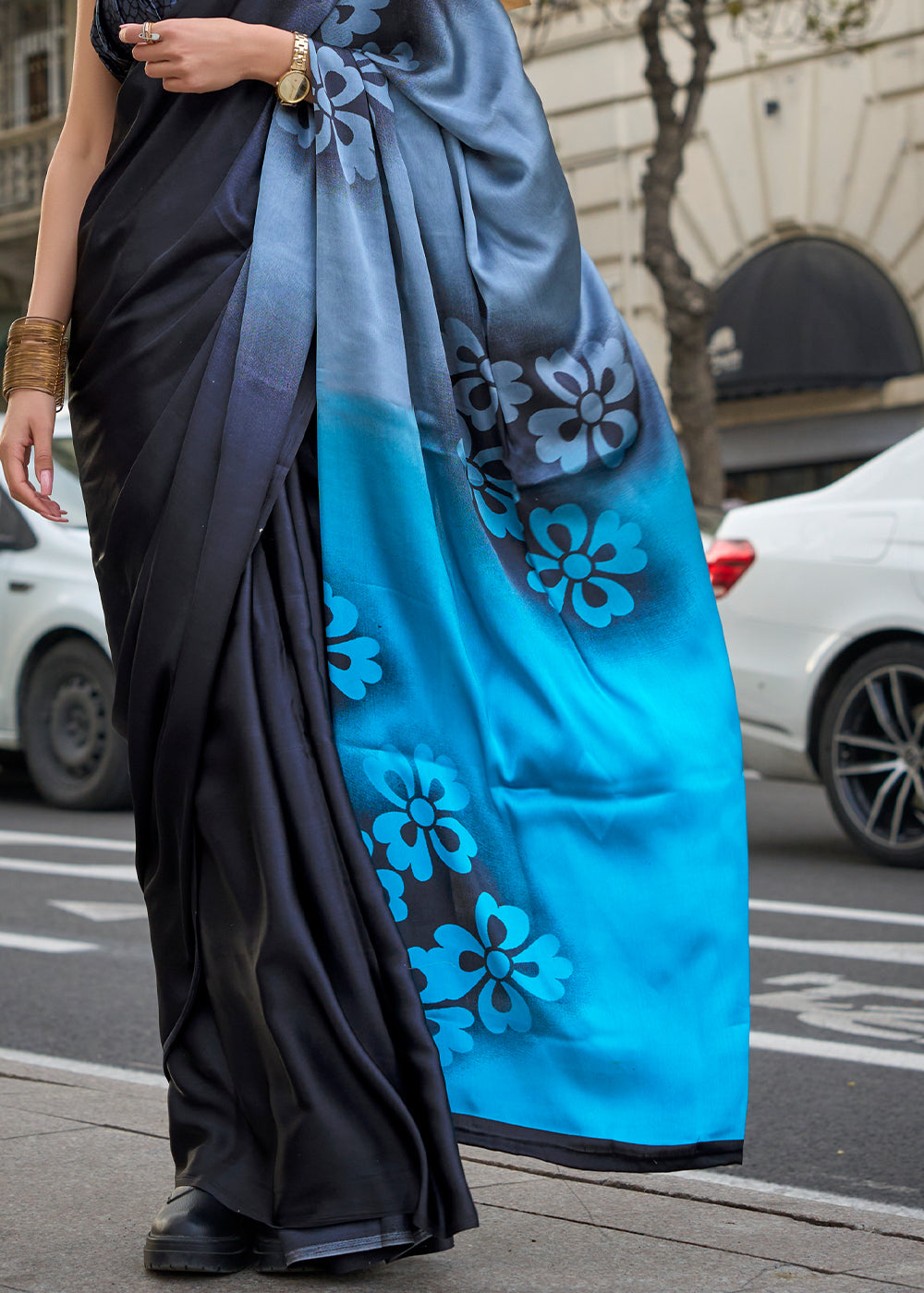 Shades Of Blue Contemporary Printed Satin Crepe Saree