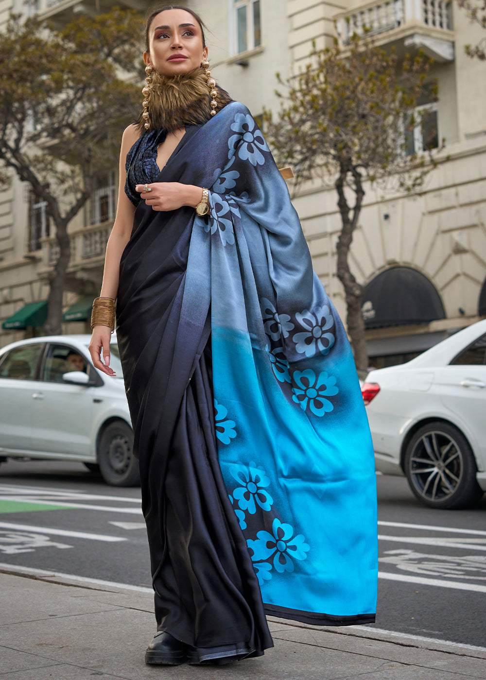 Shades Of Blue Contemporary Printed Satin Crepe Saree