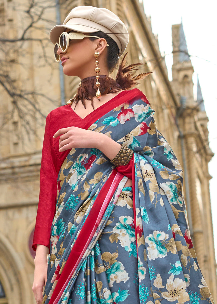 Grey & Red Contemporary Printed Satin Crepe Saree