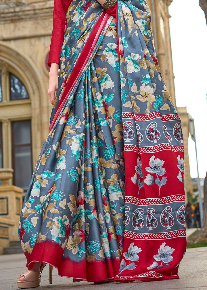 Grey & Red Contemporary Printed Satin Crepe Saree