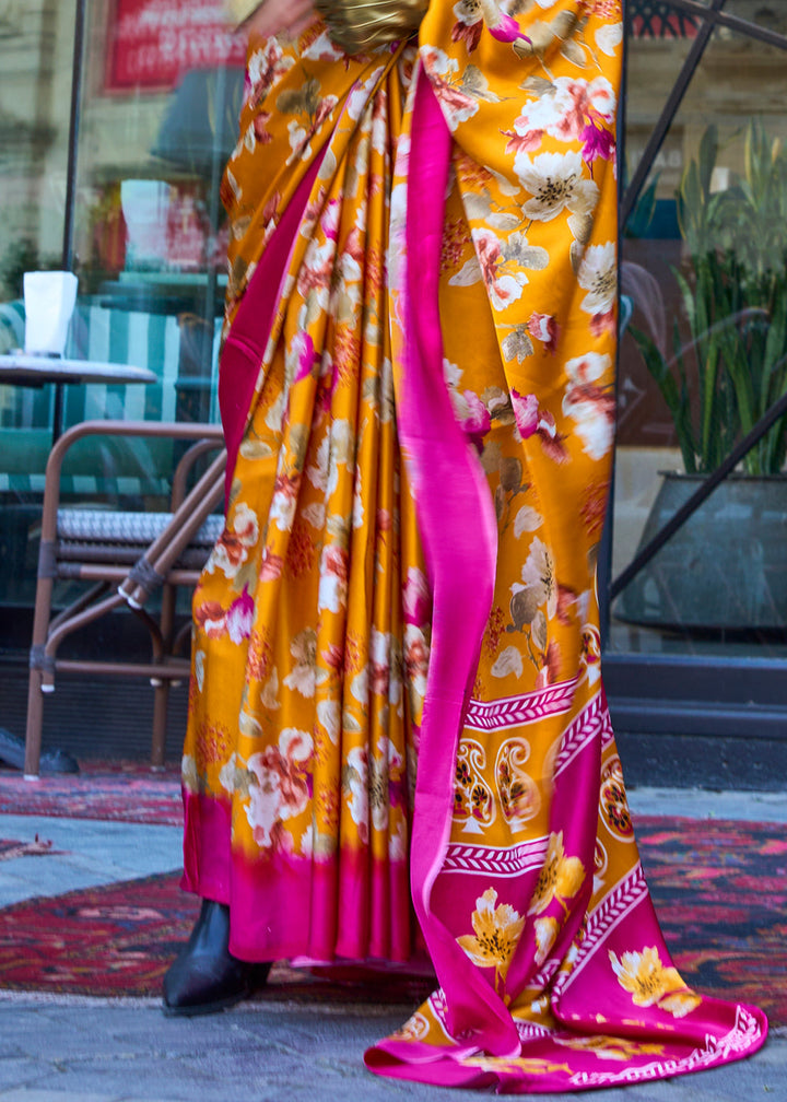 Saffron Yellow Contemporary Printed Satin Crepe Saree