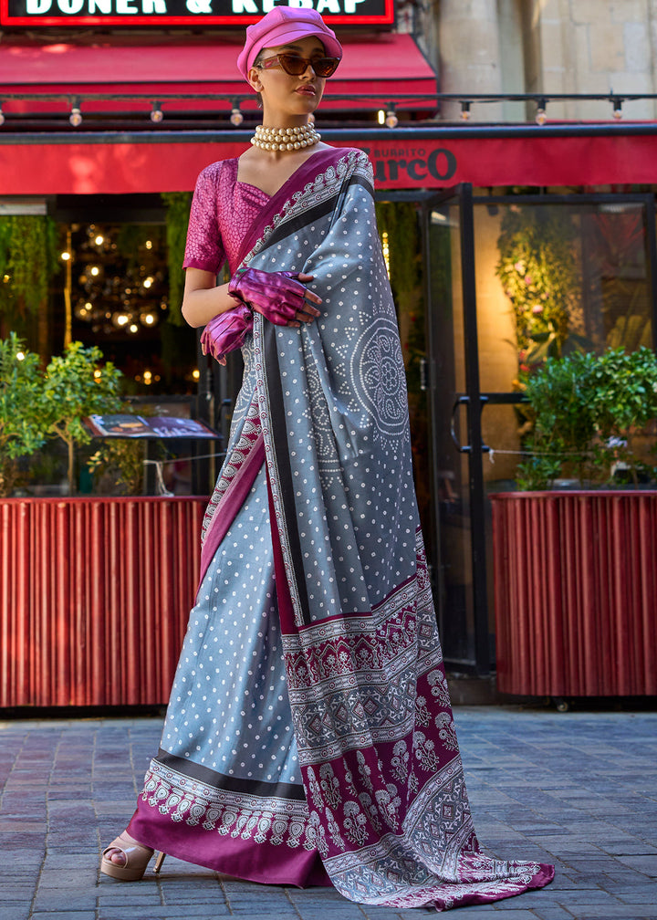 Flint Grey Contemporary Printed Satin Crepe Saree