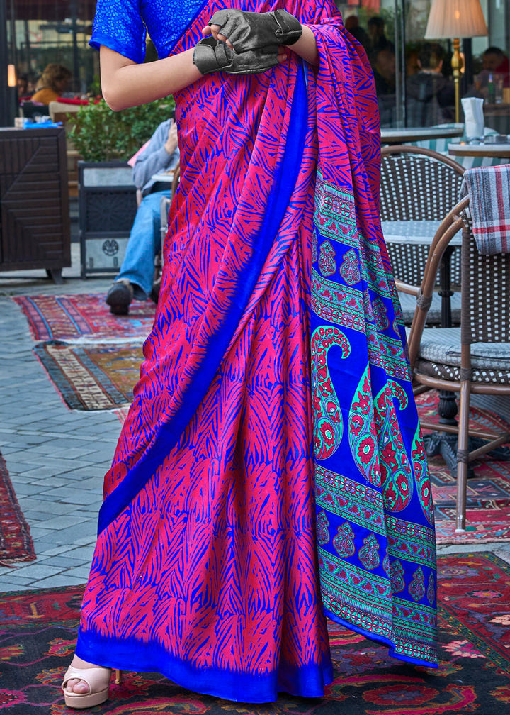 Deep Pink Contemporary Printed Satin Crepe Saree