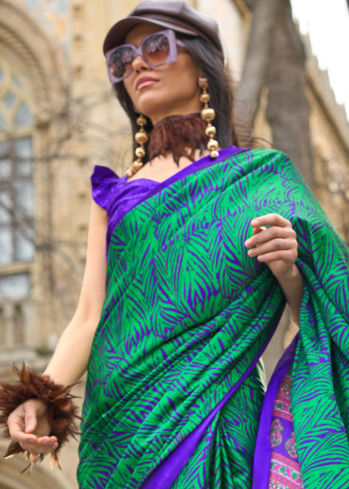 Shamrock Green Contemporary Printed Satin Crepe Saree