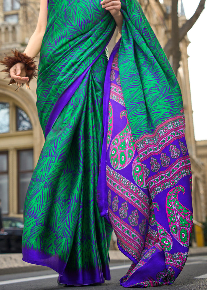 Shamrock Green Contemporary Printed Satin Crepe Saree