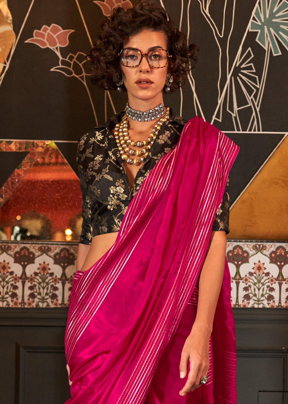 Wild Berry Pink Handloom Woven Viscose Satin Saree with Contrast Blouse