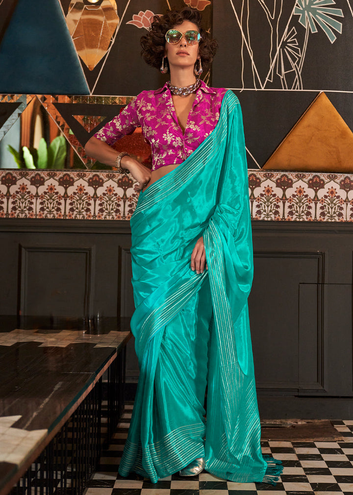 Cyan Blue Handloom Woven Viscose Satin Saree with Contrast Blouse