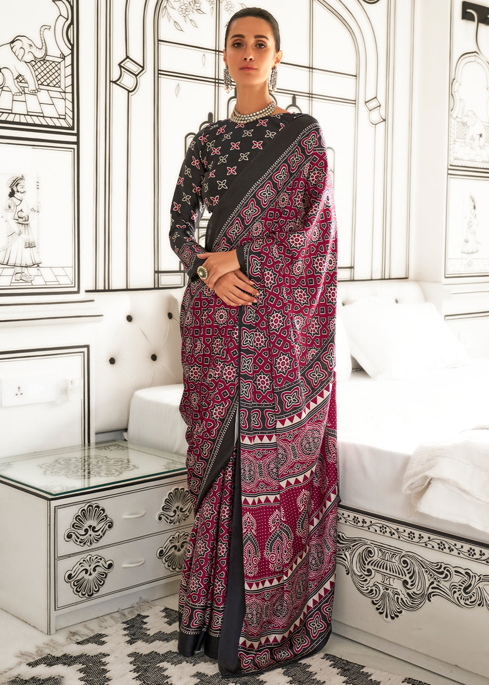 Cerise Pink Ajrakh Printed Satin Crepe Saree