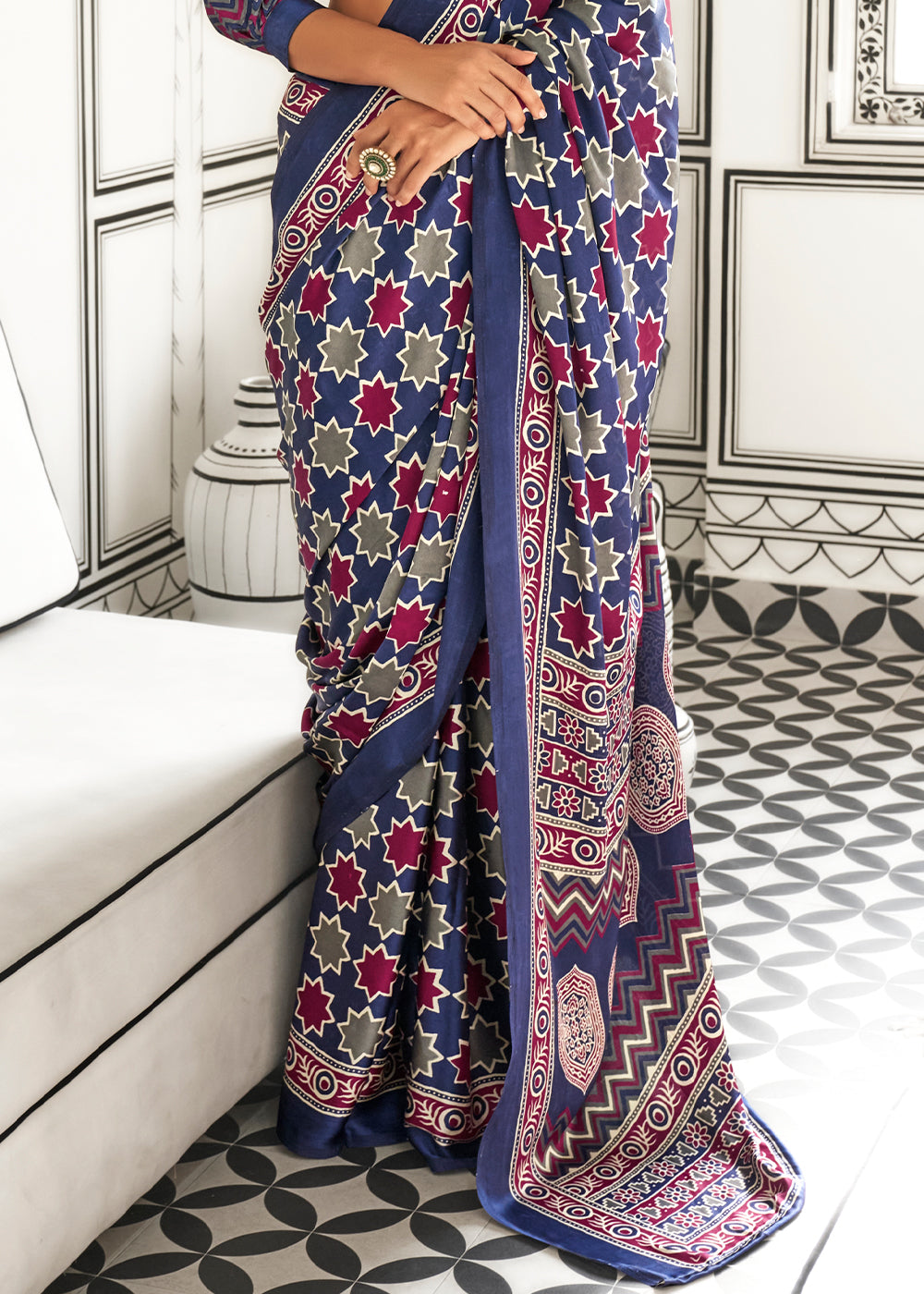 Whale Blue Ajrakh Printed Satin Crepe Saree