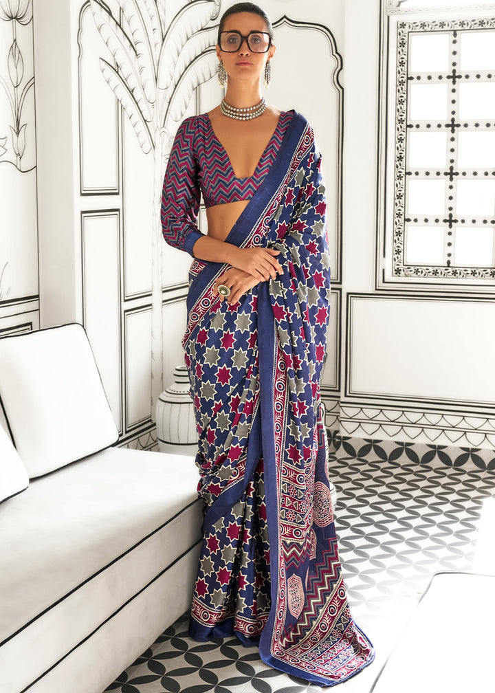 Whale Blue Ajrakh Printed Satin Crepe Saree