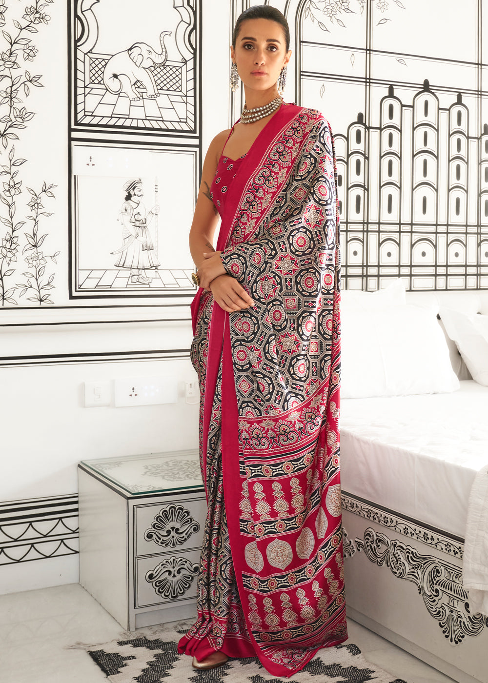 Punch Pink Ajrakh Printed Satin Crepe Saree