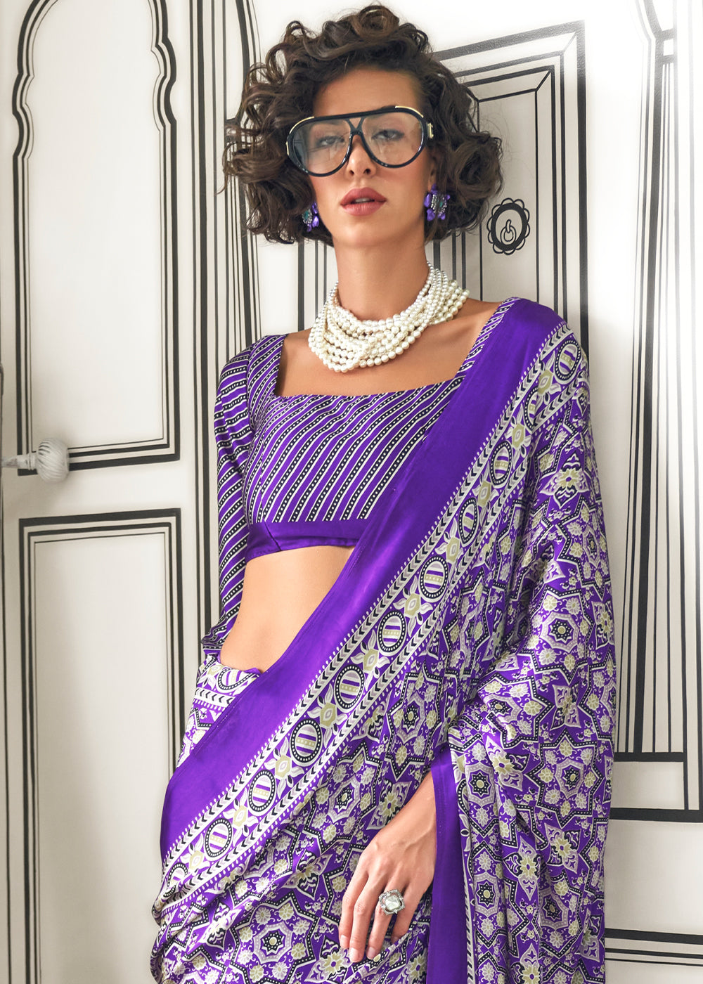 Electric Purple Ajrakh Printed Satin Crepe Saree