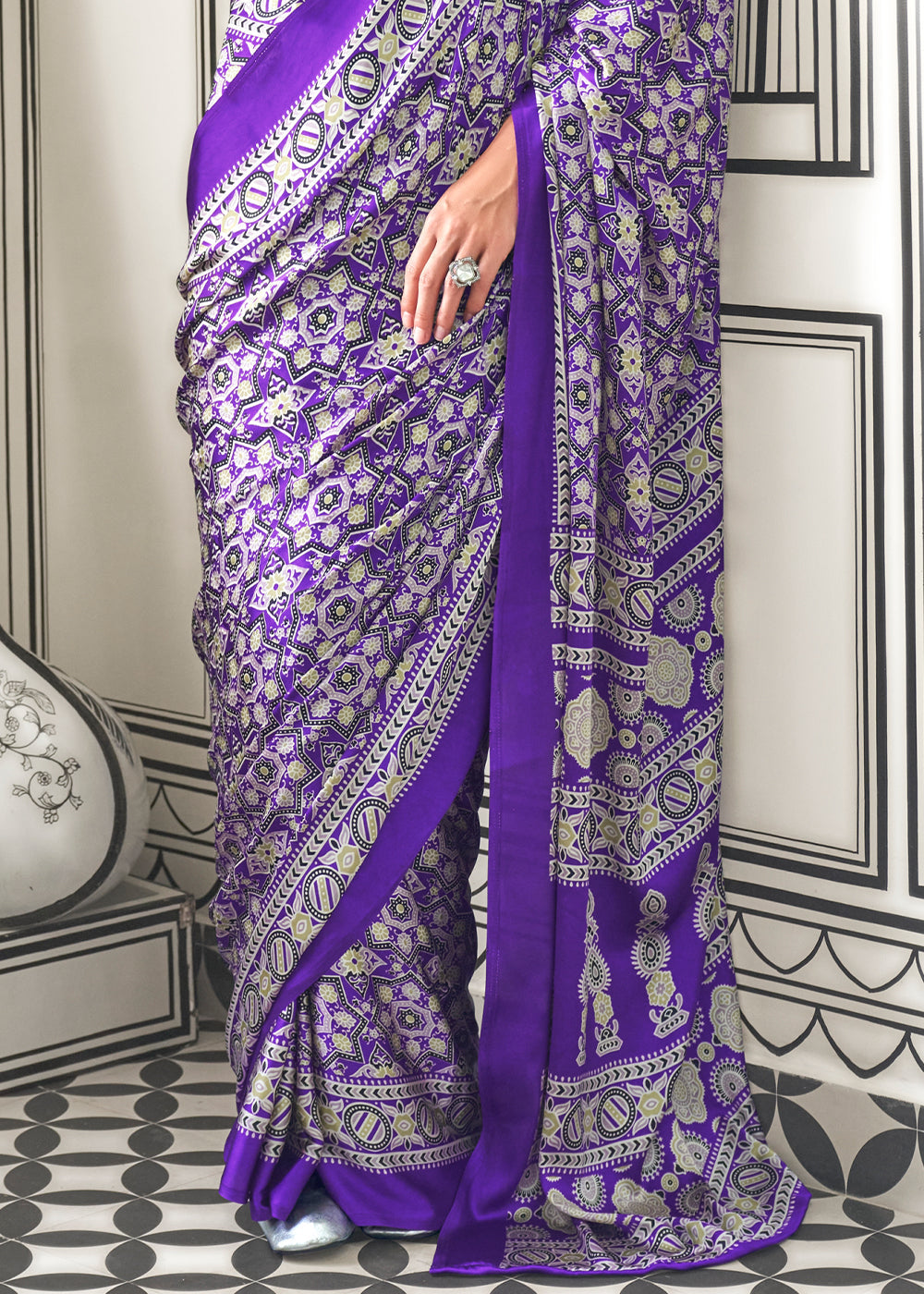 Electric Purple Ajrakh Printed Satin Crepe Saree