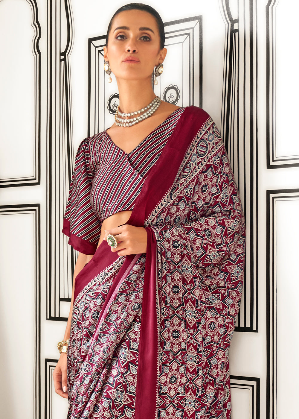 Reddish Brown Ajrakh Printed Satin Crepe Saree