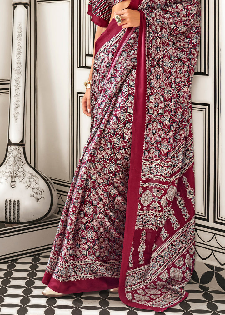 Reddish Brown Ajrakh Printed Satin Crepe Saree