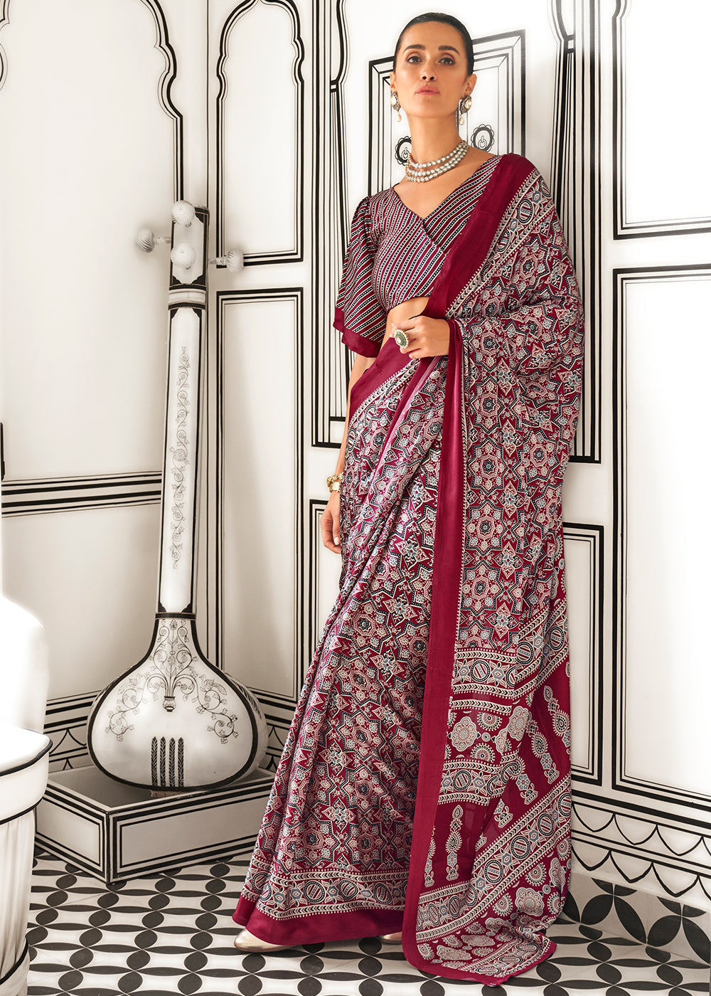 Reddish Brown Ajrakh Printed Satin Crepe Saree