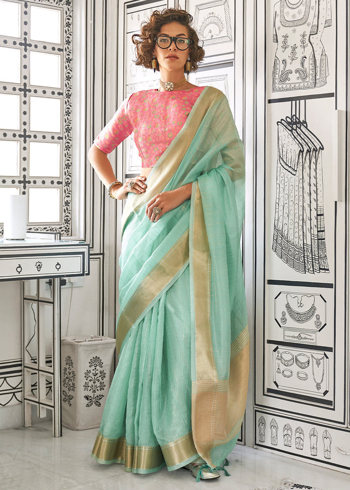 Turquoise Blue Chiffon Saree Having Handloom Weaving Border & All Over Zari Lining