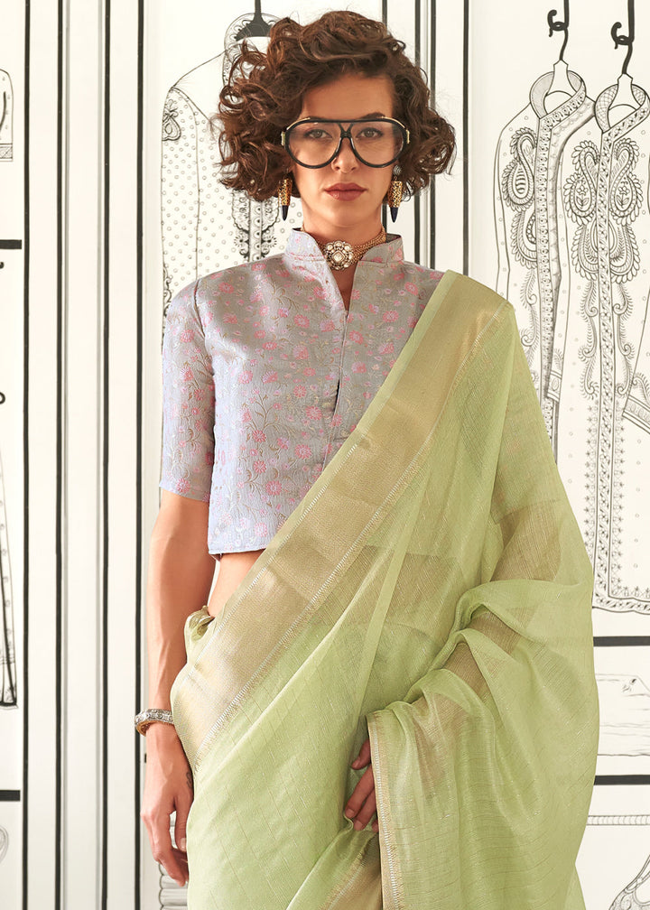 Light Green Chiffon Saree Having Handloom Weaving Border & All Over Zari Lining