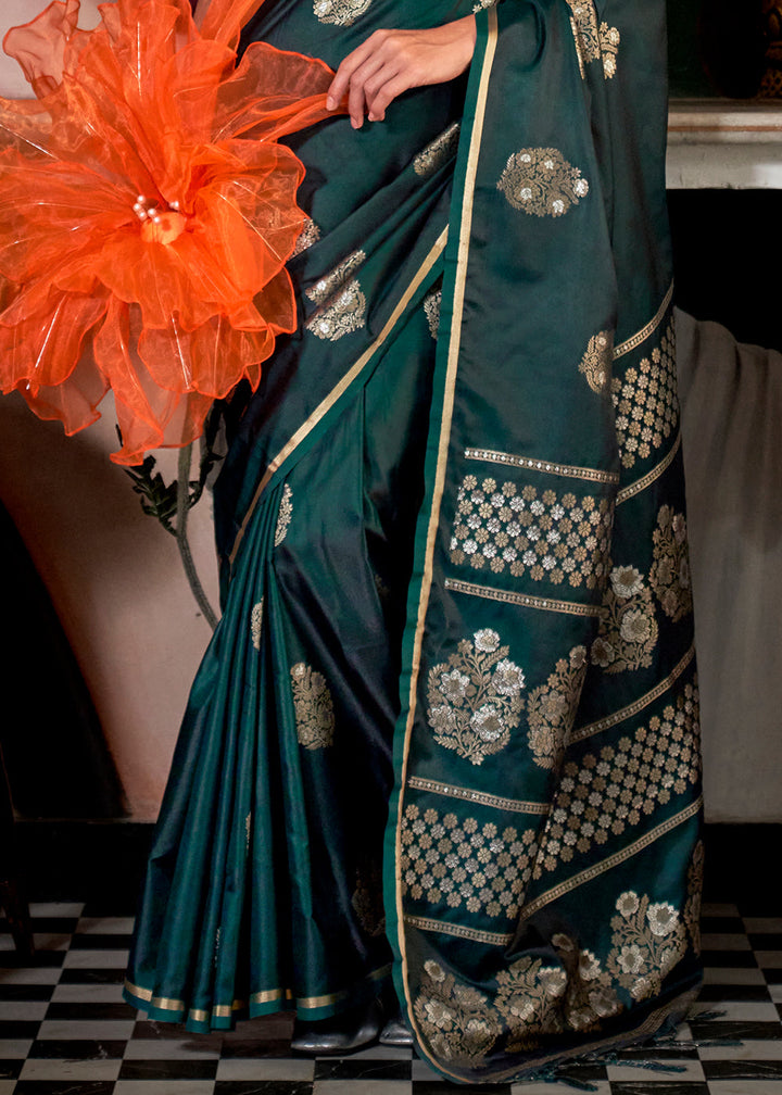 Sacramento Green Zari Woven Satin Silk Saree with Brocade Blouse