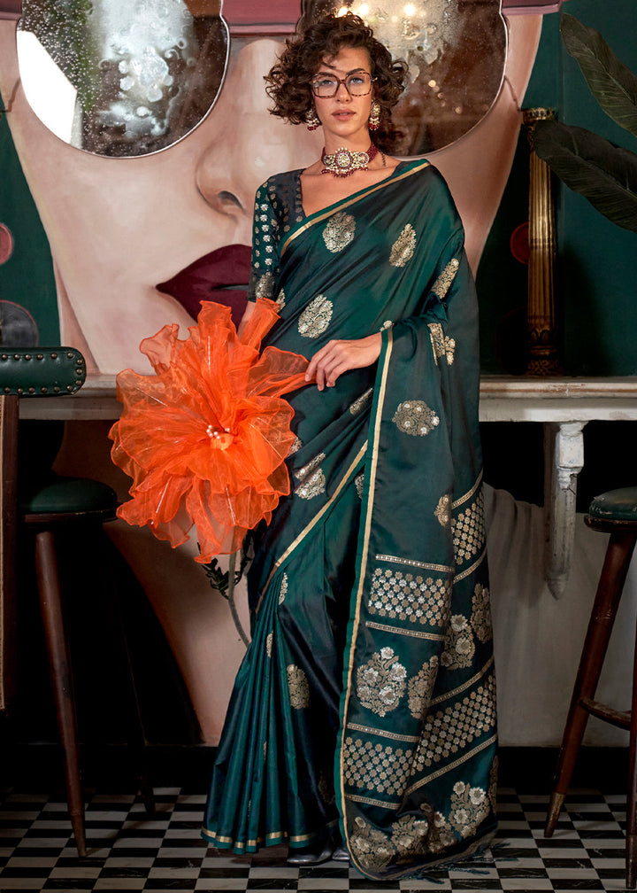 Sacramento Green Zari Woven Satin Silk Saree with Brocade Blouse