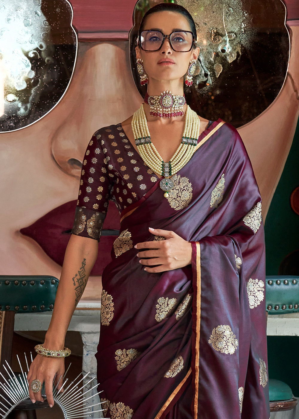 Sangria Purple Zari Woven Satin Silk Saree with Brocade Blouse