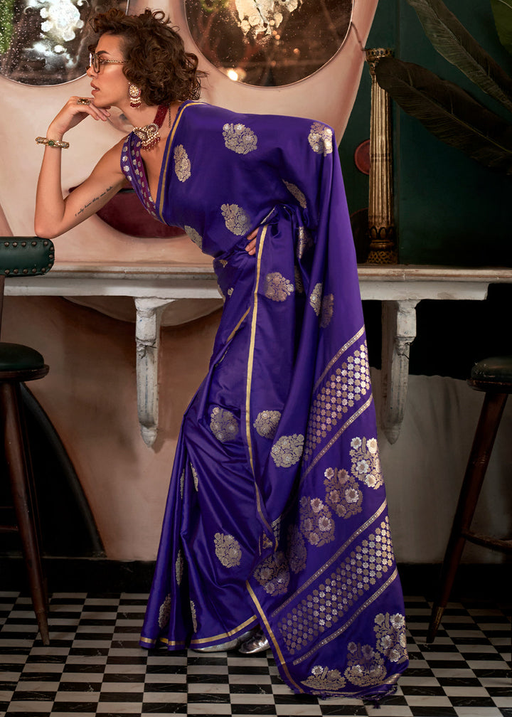 Indigo Purple Zari Woven Satin Silk Saree with Brocade Blouse