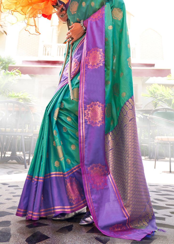 Green & Purple Handloom Woven katan Silk Saree