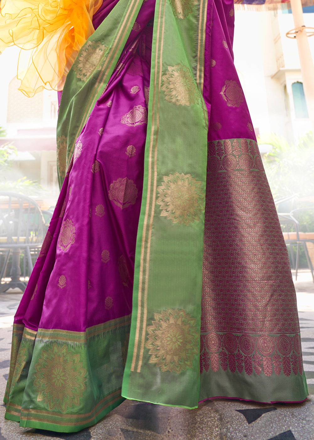 Magenta Pink & Green Handloom Woven katan Silk Saree