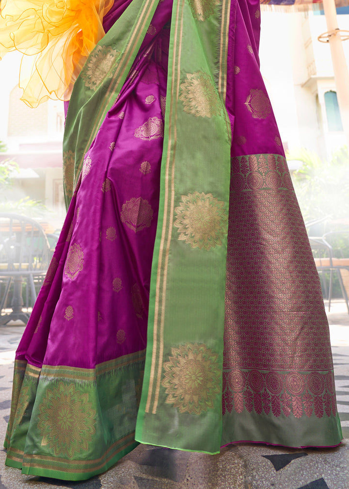 Magenta Pink & Green Handloom Woven katan Silk Saree