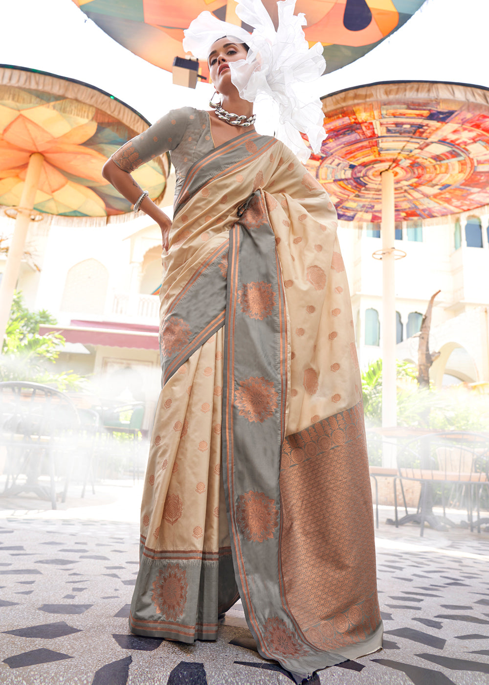 Beige Brown & Grey Handloom Woven katan Silk Saree